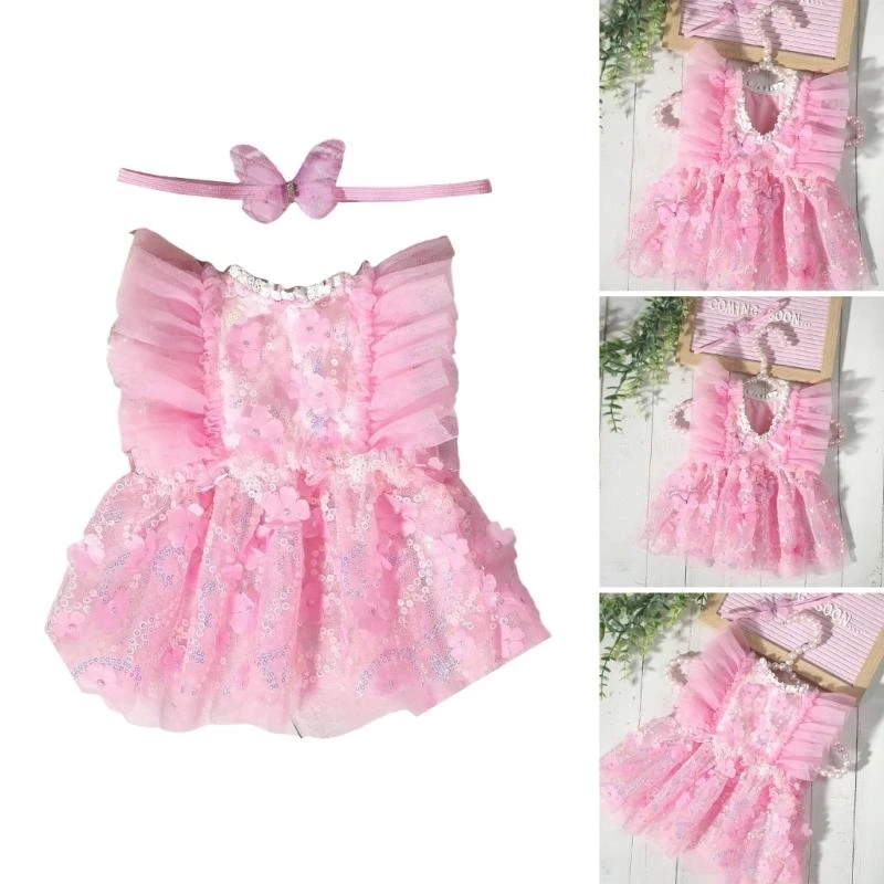 

Newborns 0-6 Months Photoshoots Set Feature Comfortable Tulle Romper and Pink Butterfly Headwear Photography Hairband 24BE