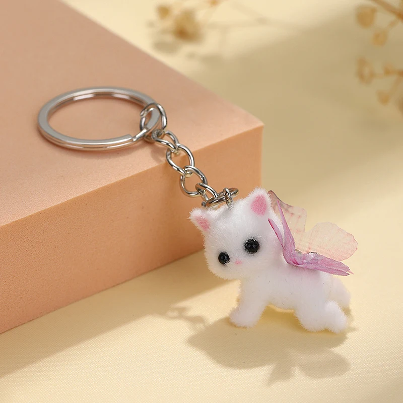 Chat flocage mignon avec ailes de papillon rose, porte-clés 3D, pendentif sauna, breloque pour étui de téléphone, décor de sac, porte-clés de voiture, cadeau de bijoux