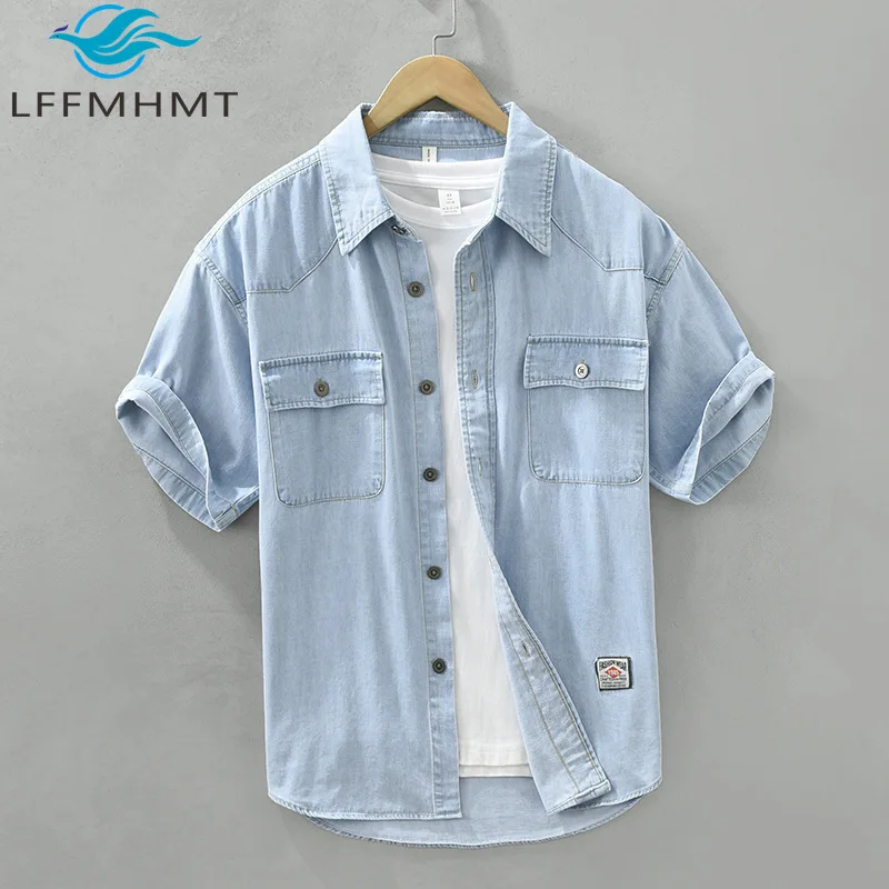 

3752 Japan-style Workwear Denim Shirt for Men Summer Trendy Loose-fit Artistic Casual Short-sleeve Streetwear Men's Clothing