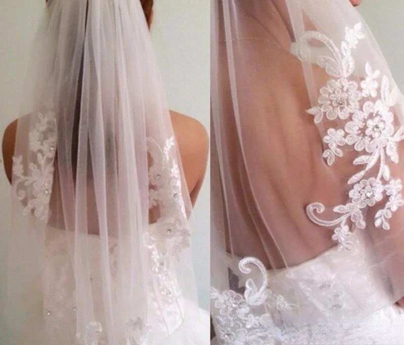 Voile de mariée court, une couche, longueur à la taille, avec perles de diamant appliquées, blanc ou ivoire, avec peigne, en Stock