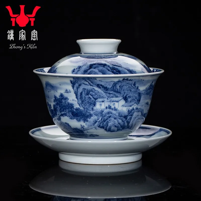 

Zhongjia Kiln Cover Teacup Jingdezhen High-End Cover Bowl Single Handmade Blue and White Wood Kiln Point Work Landscape Tea Maki