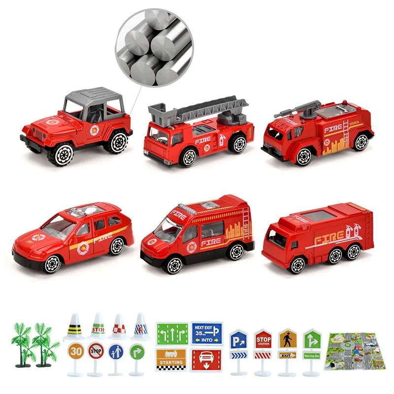 

Игрушечные машинки из сплава пожарной тематики, с блокпорами и картами, детские развивающие игрушечные машинки, распознавающие дорожные знаки, инженер
