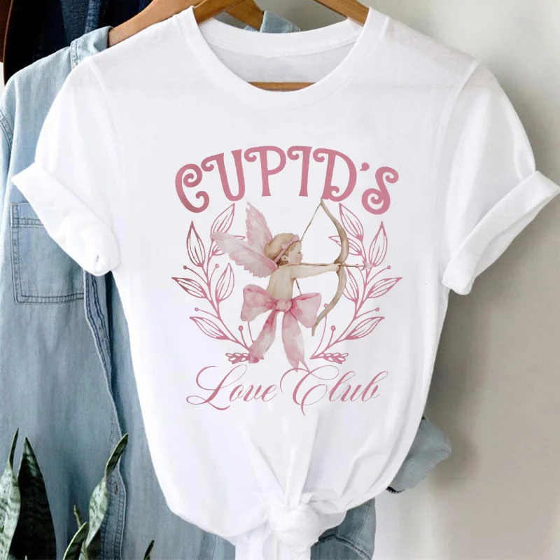 Short Sleeved T-Shirt Basic Cute Women's Printed Valentine's Day Cartoon Casual Short Sleeved Printed Pattern Sweet Top T-Shirt