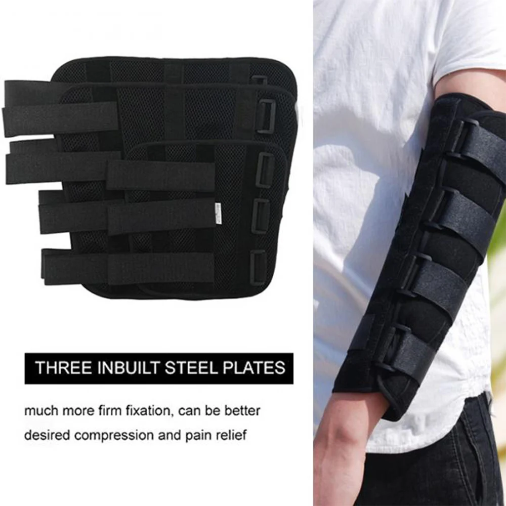 Support Protect Band Belt Strap Adjustable Elbow Joint Recovery Arm Splint Brace with 3 Fixed Steel Plates for Children Adults