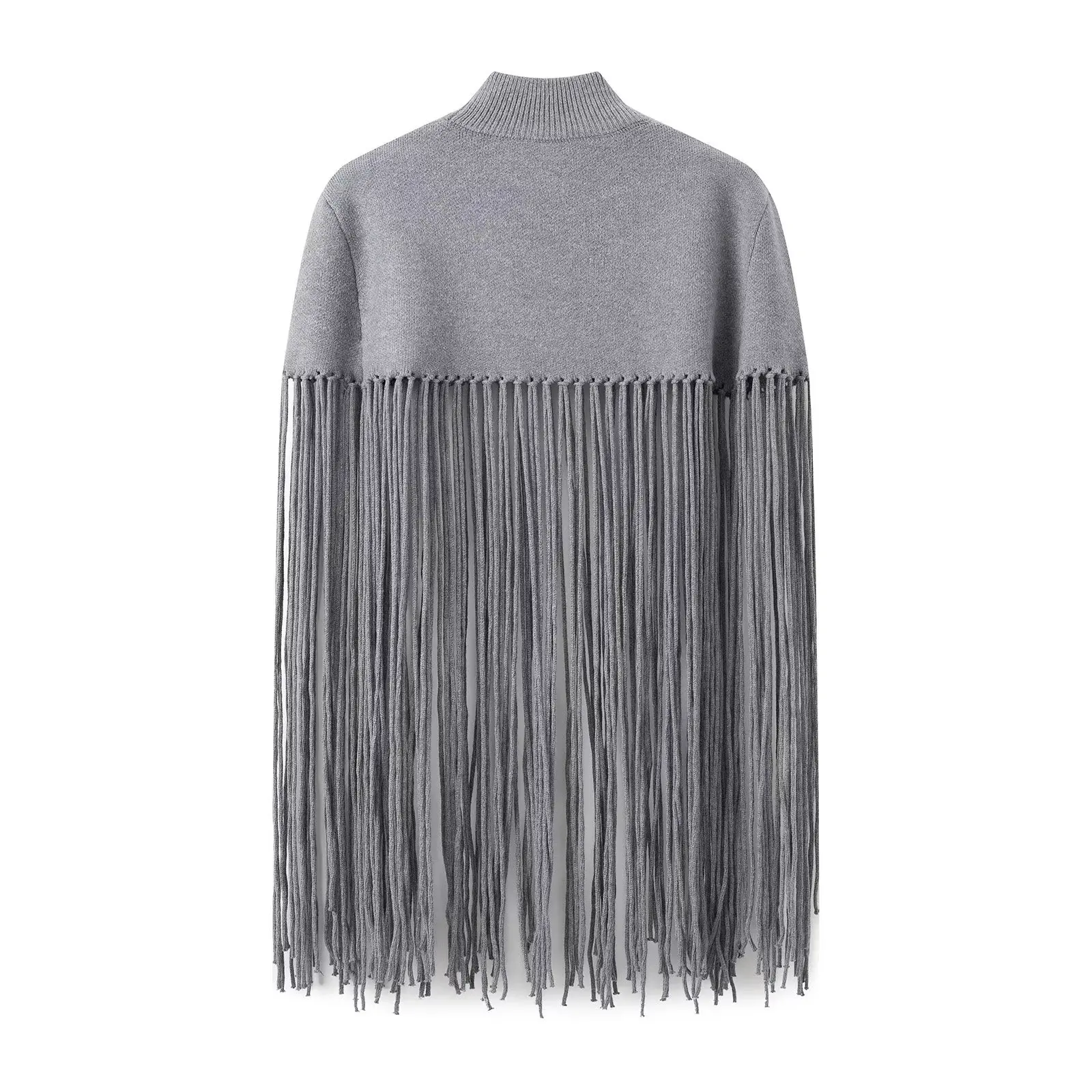 Spring Autumn Gray Knitting Long Tassel Cape Pullover Sweater Women High Collar Loose Fringed Shawl Knitwear Oversized Jumper