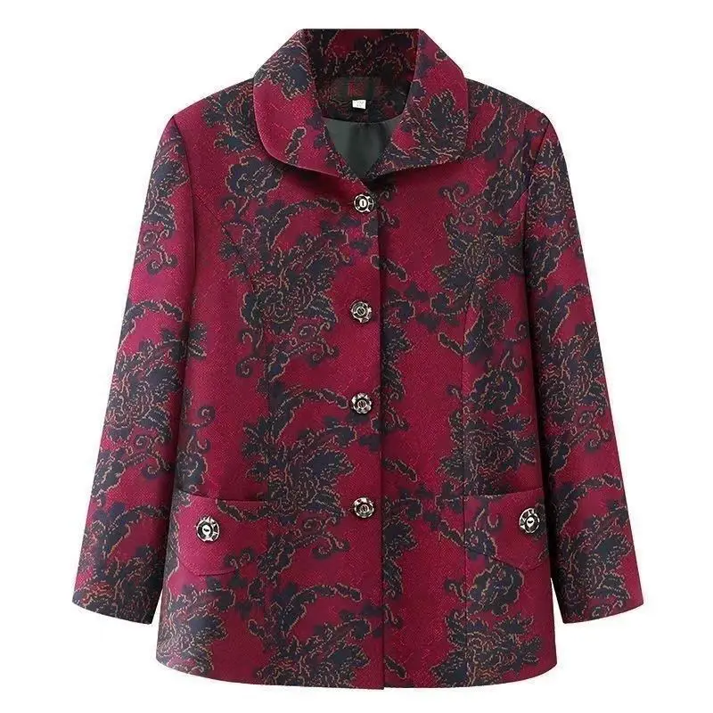 

Цельное пальто для женщин среднего и пожилого возраста, топ с лацканами и принтом, открытая пуговица, длинные рукава