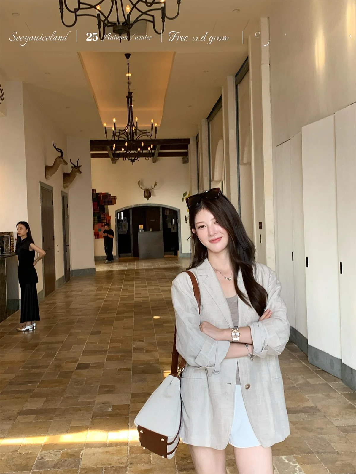 

Костюм Seeyouiceland из корейского льна: повседневный, цельнокроеный, женский, из чистого льняного полотна, осенняя коллекция, модный жакет