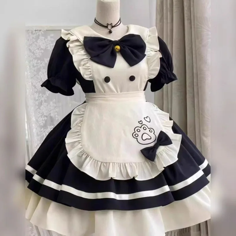 Bow Kawaii Lolita Maid Dress With Apron Paw Print Japanese Style Soft Girl Cosplay Outfit Short Sleeve Sweet Anime Costume New