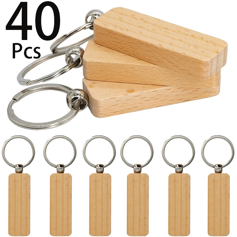 

40 Pcs DIY Blank Wooden Keychain Slender Rectangle Key Ring Wooden Key Ring