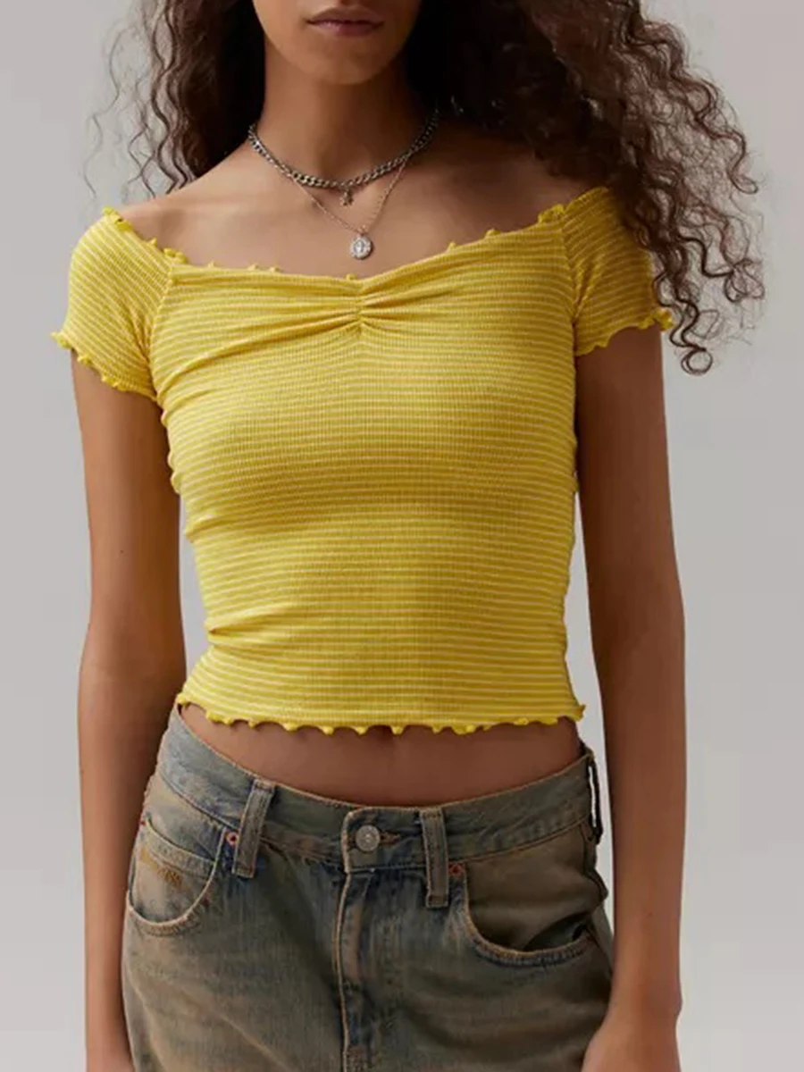 Camisetas cortas con hombros descubiertos para mujer, camisetas de verano con estampado de rayas y cuello barco, manga corta