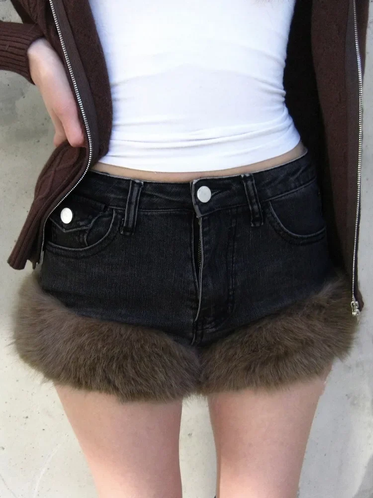 IMU Y2k Cyber Punk Streetwear Denim Shorts Women Dark Academia Goth Fur Patchwork Low Waist Sexy Shorts Rave Emo Alt Shorts