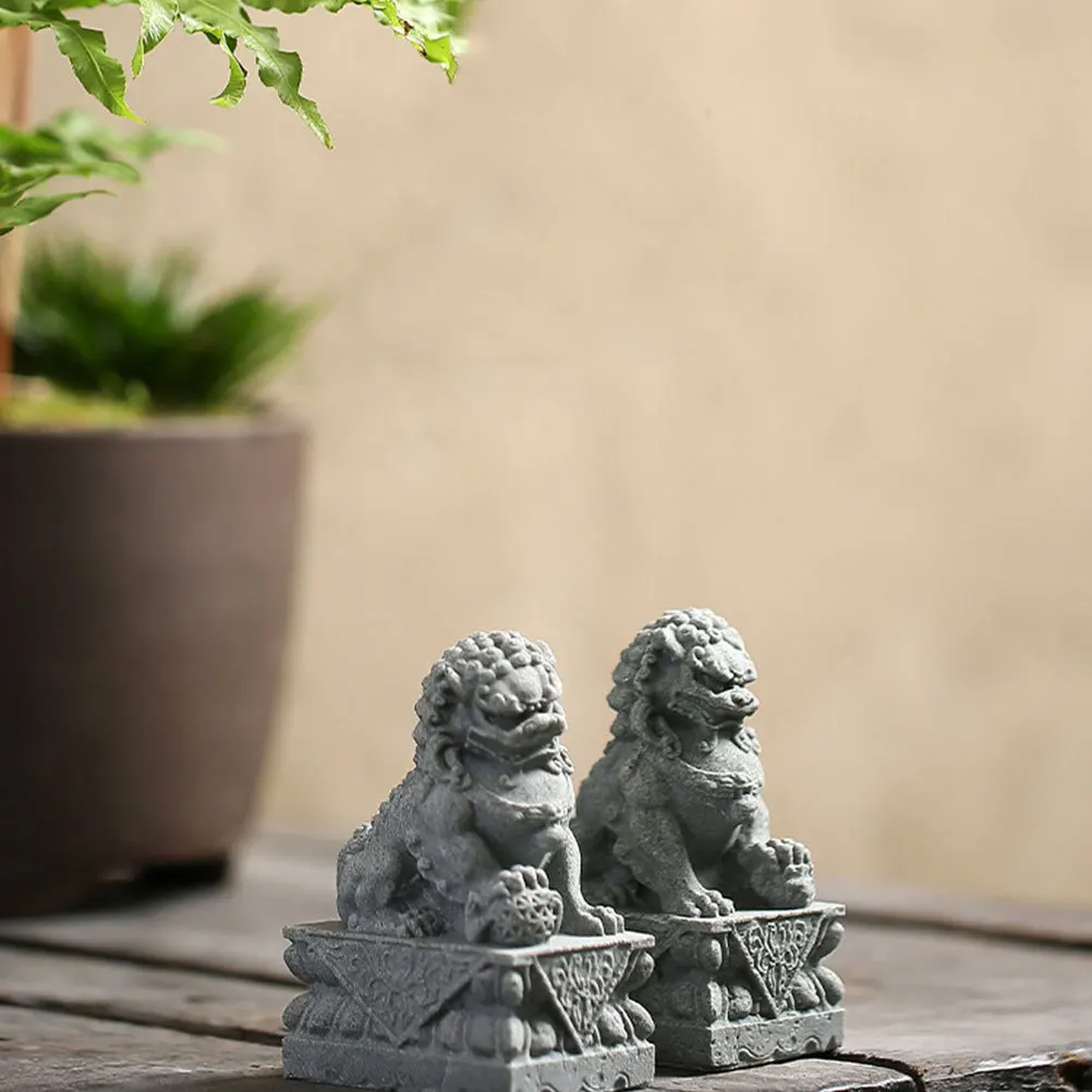 

1Pair Stone Lion Statue Decor Sturdy Lucky Wealth Attracting Home Office Desktop Decoration Miniature Resin Craft for Feng Shui