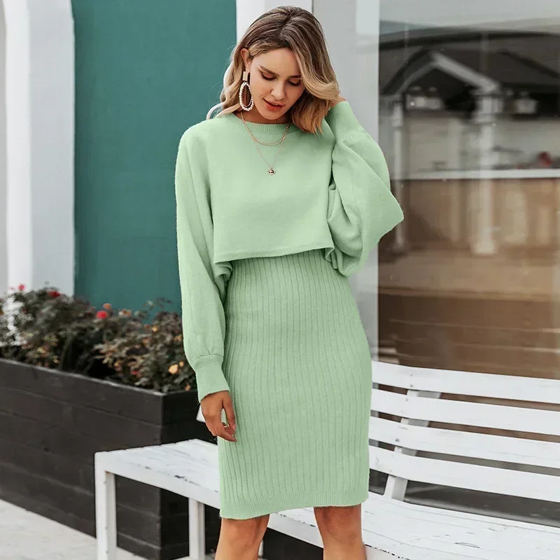 Women Sweater Midi Dress Set Casual Pullovers Suits Autumn Winter O-neck Long Sleeve Knitted Solid Slim Elegance Tops Elastic