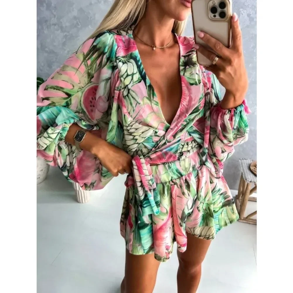 Women's s-2xl size Summer Casual Jumpsuit Set Fashion V-neck Printed Long Sleeved Belt Jumpsuit Tropical Rainforest Style