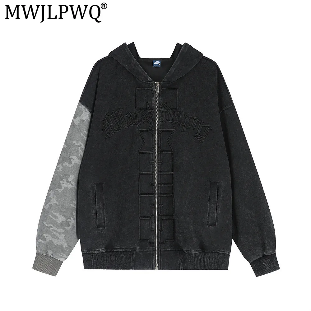 MWJLPWQ Contrast Color Camouflage Distressed Hooded Sweatshirt For Men Hip-Hop Trend Gothic Letter Embroidered Zip-Up Tops 20714