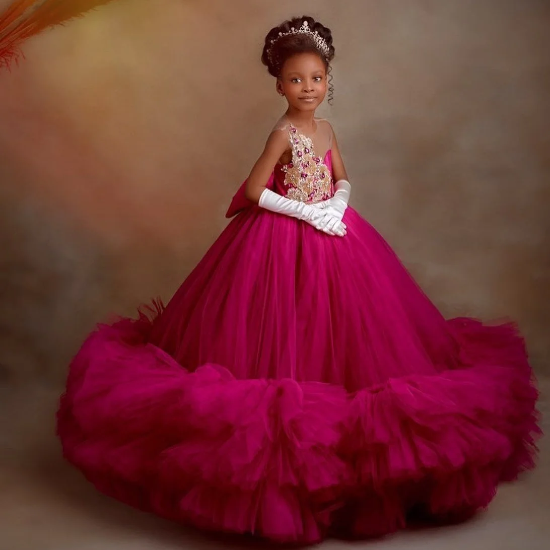 Robes bouffantes de demoiselle d'honneur en tulle pour enfants, robe de princesse perlée à col rond transparent, fête d'anniversaire, reconstitution historique, quelle que soit la première communion