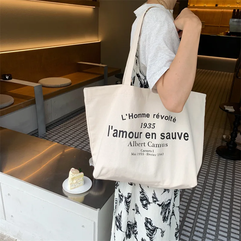 Women Canvas Shoulder Bag Albert Camus L'homme révolté Shopping Bag Eco Cotton Shopper Purse Cloth Fabric Handbag Tote For Girls