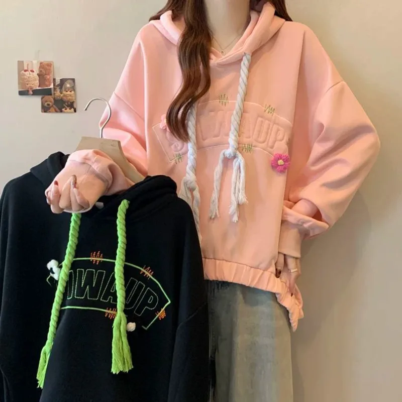 봄과 가을 루즈핏 긴팔 여성 후드티 스웨트셔츠 한국 스트릿웨어 Y2K 빈티지 90년대 케이팝 여성 후드탑