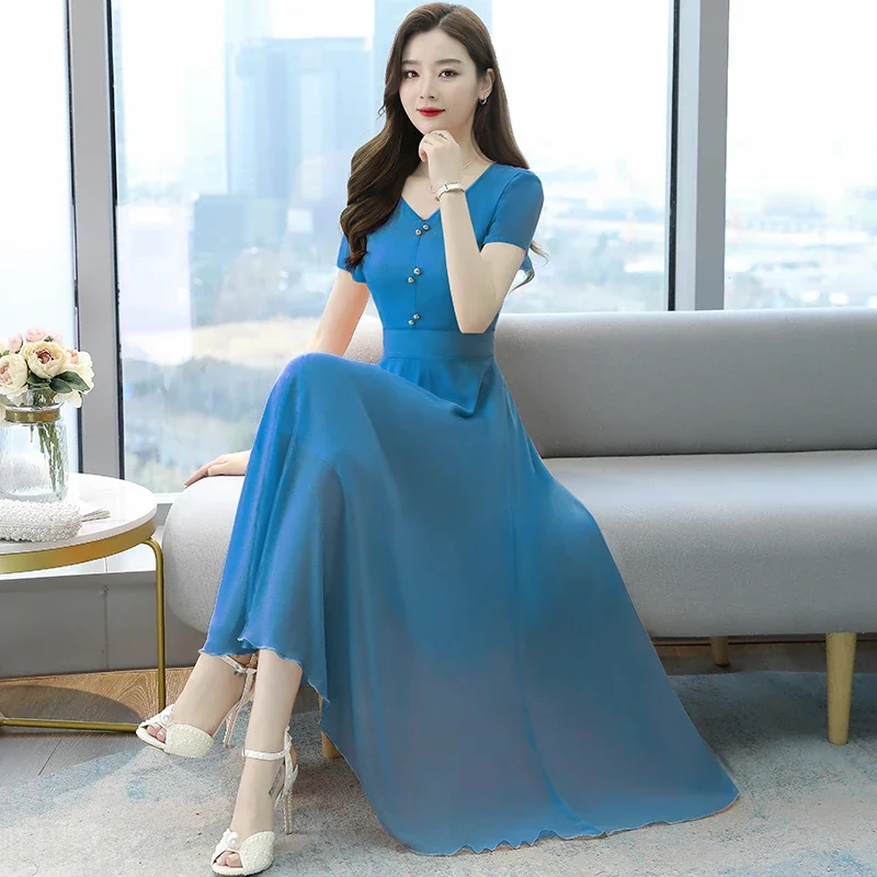 

Однотонное длинное платье, элегантное женское облегающее платье, женское шифоновое пляжное длинное платье для весны и лета 2024, E419