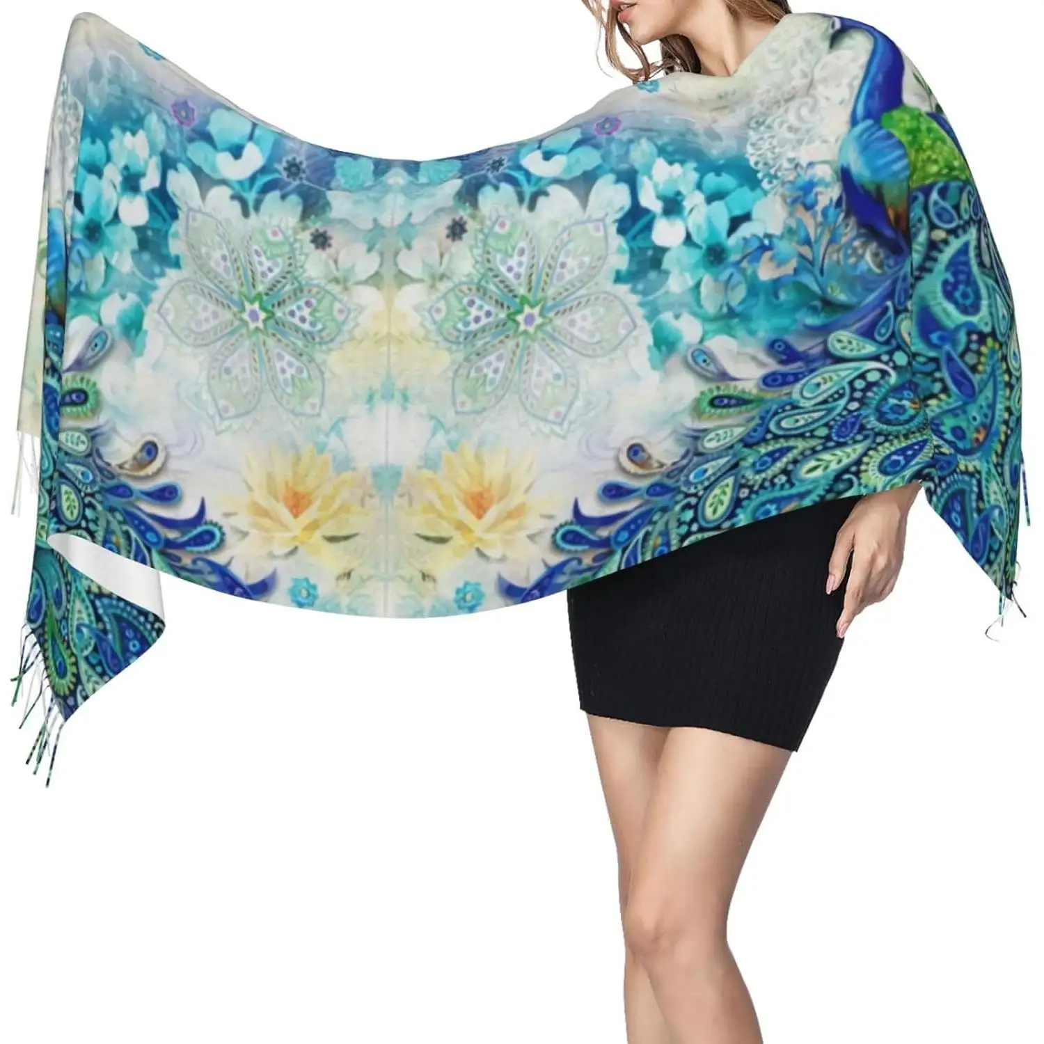 

Женский шарф с павлинами и цветами, шаль из пашмины, накидка для вечернего платья, свадебные зимние теплые большие шарфы