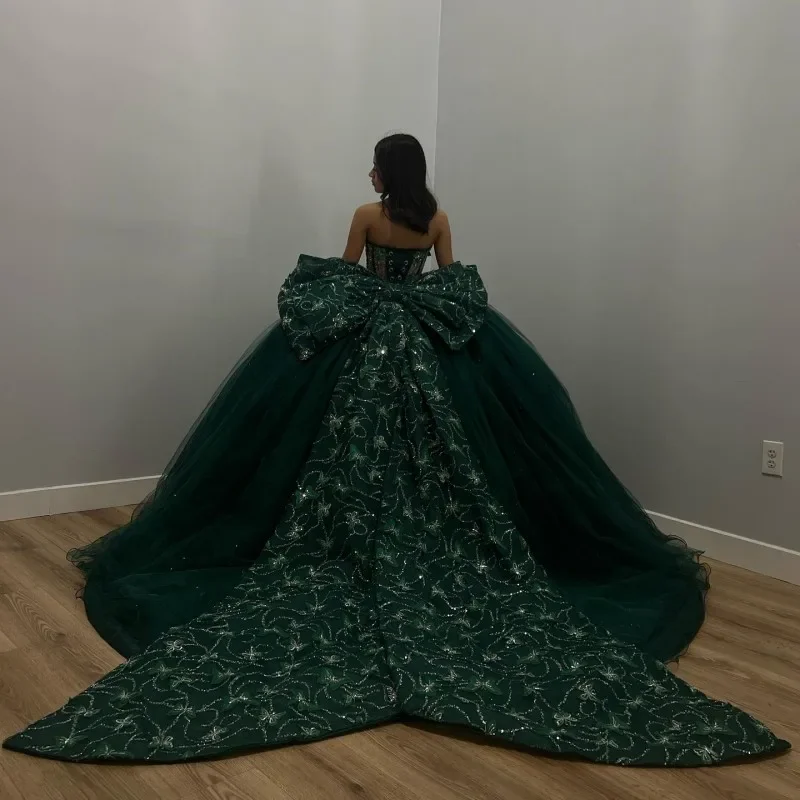 Green Beaded Crystal Tull Ball Gown Quinceanera Dress Sweet 16 With Big Bow Lace Up Corset Vestido De 15 Anos Plus Size