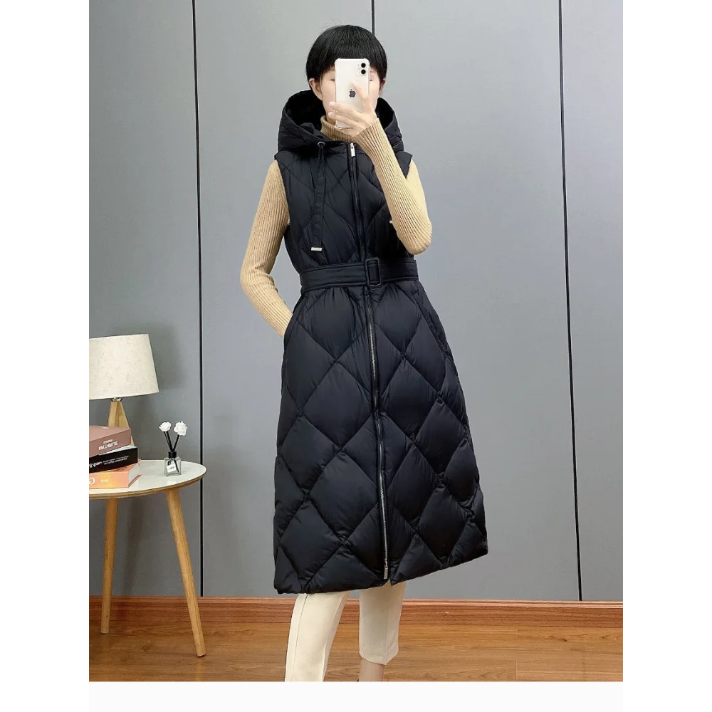 2024 Winter Women\'s New Down Vests White Duck Down Diamond Plaid Hooded Mid-Length Slim Sleeveless Jacket Belted Long Vest