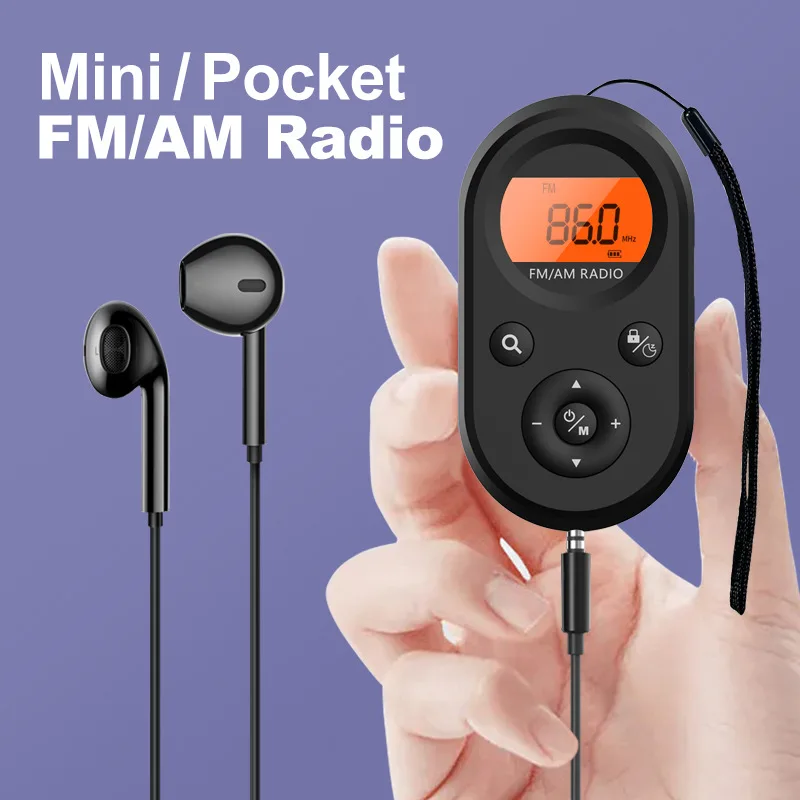 Mini FM/AM Radio Portable Pocket 9K/10K Radio Receiver with LCD Display Backlight Lanyard Design 76-108MHZ Rechargeable
