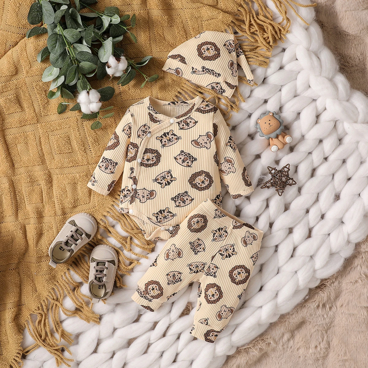 3Pcs Casual Newborn infant Baby Boy Cartoon Animal Clothes Set Long Sleeve Bodysuit Top and Pants +Hat