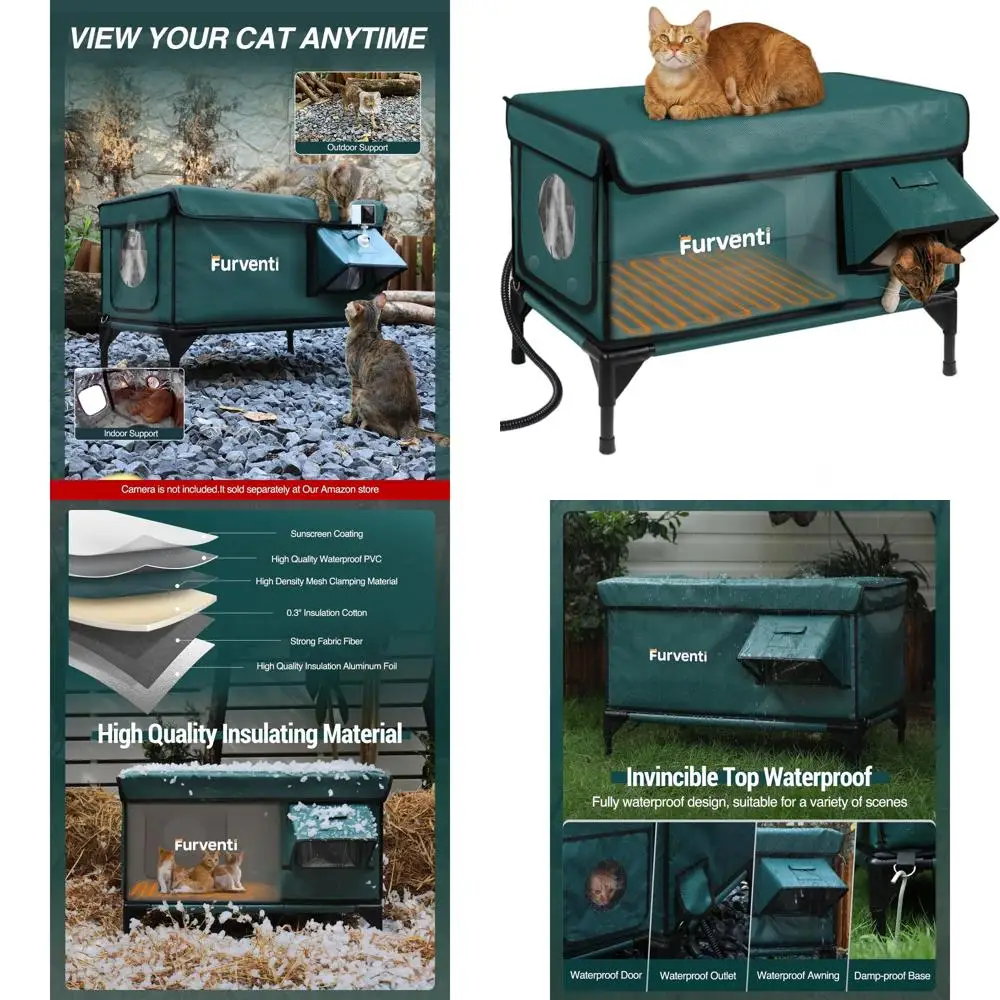 

XL Dark Green Outdoor Insulated Cat House with Dual Cameras, Weatherproof and Elevated Shelter for Stray Cats