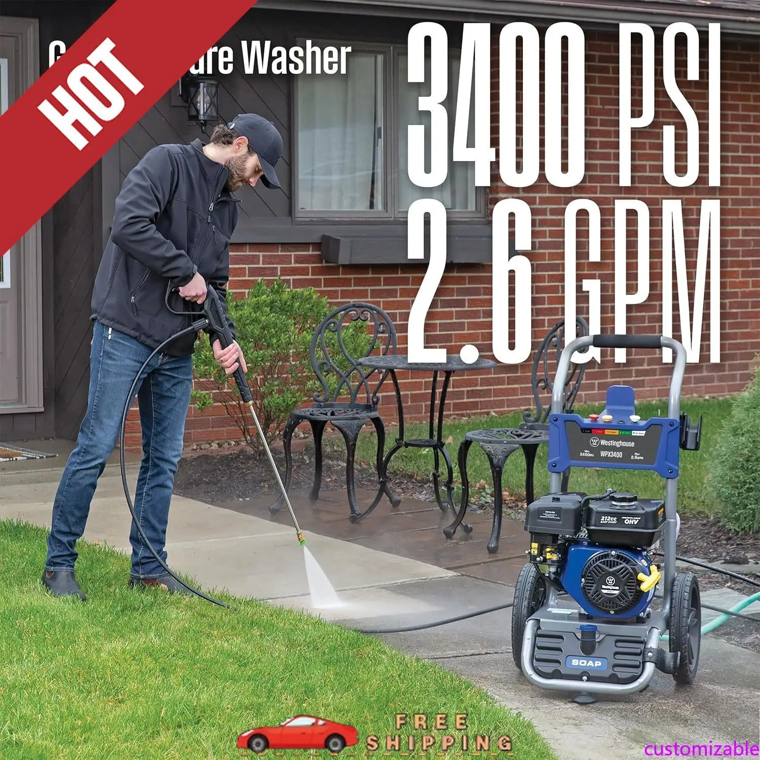 

Customizable WPX3400 Gas Pressure Washer, 3400 PSI and 2.6 Max GPM, Onboard Soap Tank, Spray Gun and Wand, 5 Nozzle
