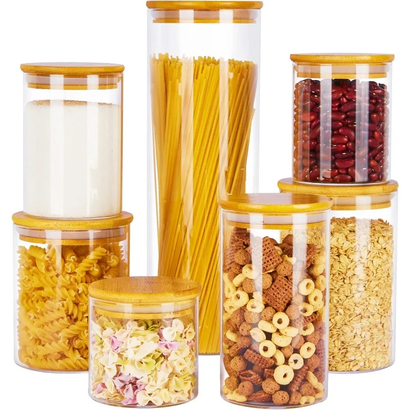 Frascos de vidrio para almacenamiento de alimentos, paquete de 7 contenedores de cocina con tapas herméticas de madera de bambú para Pasta, galletas, nueces, café