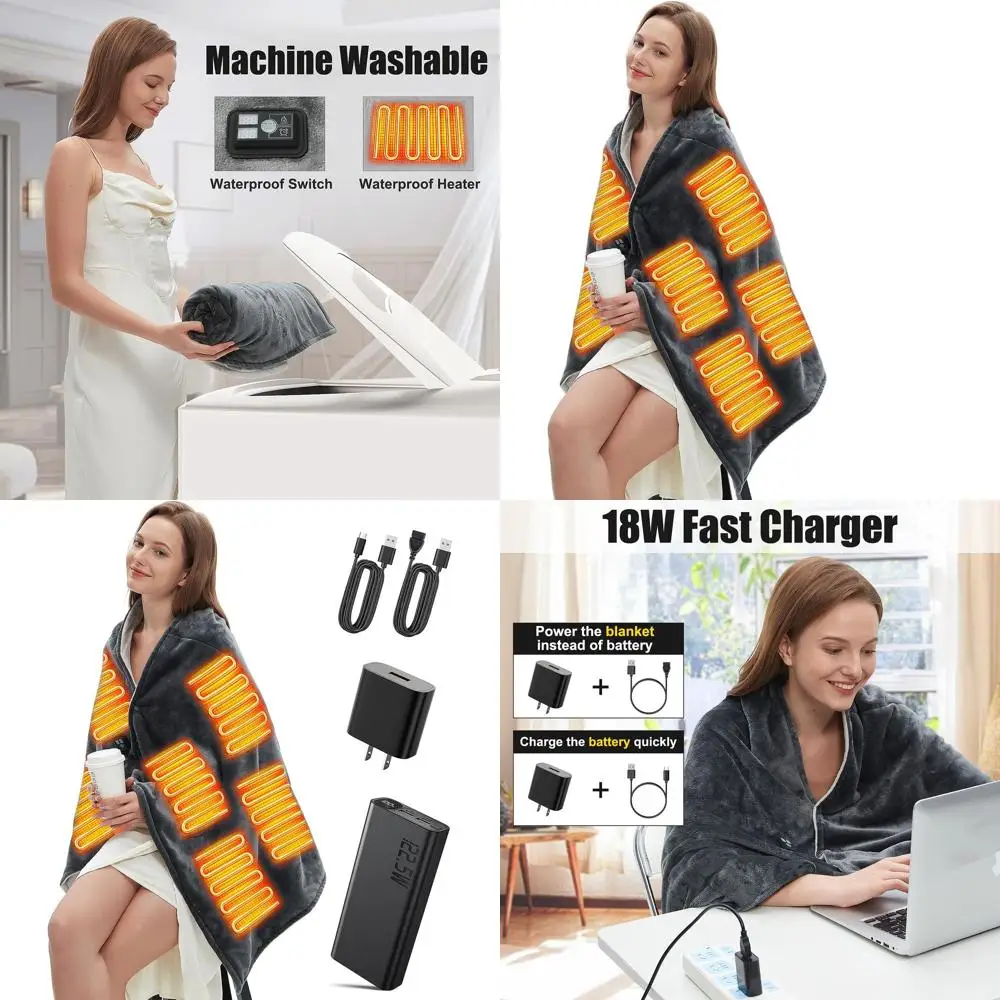 

Portable Cordless Heated Blanket with 20000mAh Battery, 3 Heat Levels, Washable, Timer, Ultra Soft and Cozy Wearable Throw