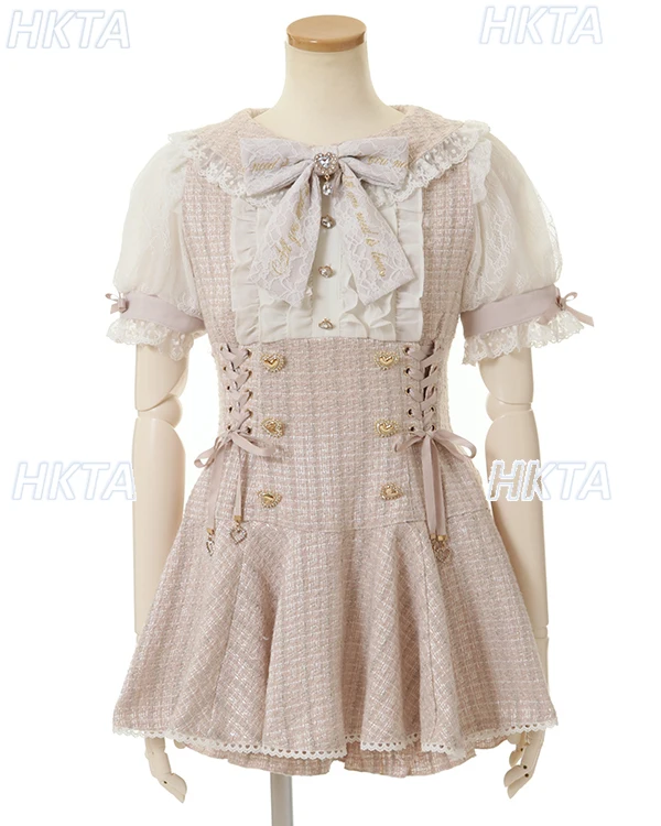 اليابانية الحلو الإنتاج الضخم فقاعة فستان قصير الأكمام المرأة 2025 الخريف جديد عالية الخصر سليم تويد فستان السراويل قطعتين مجموعة #6