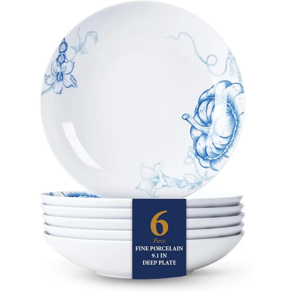

Porcelain Pasta Bowls Set of 6, Round Deep Salad Plates Chip Resistant, Dinner Bowl Plates Dishwasher & Microwave Safe