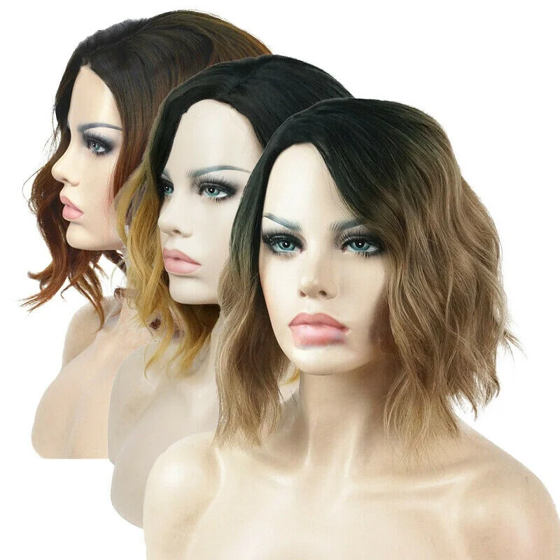 

Women Short Wavy Curly Wigs Bangs Ladies Gradient Hair Wig