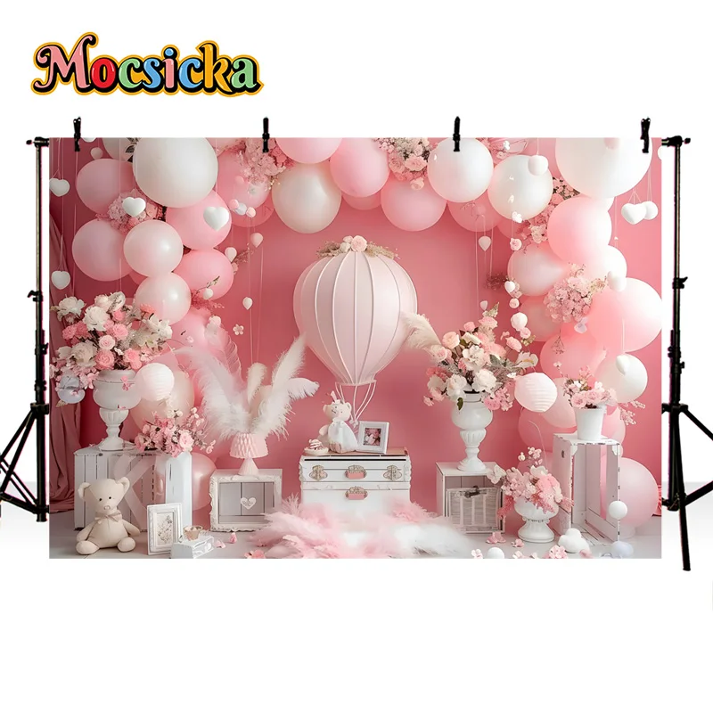 خلفية تصوير Mocsicka للأميرة ، بالونات حفلة عيد ميلاد ، ديكور زهور ، صورة أطفال لطيفة ، تحطيم الكعك ، لافتة صور