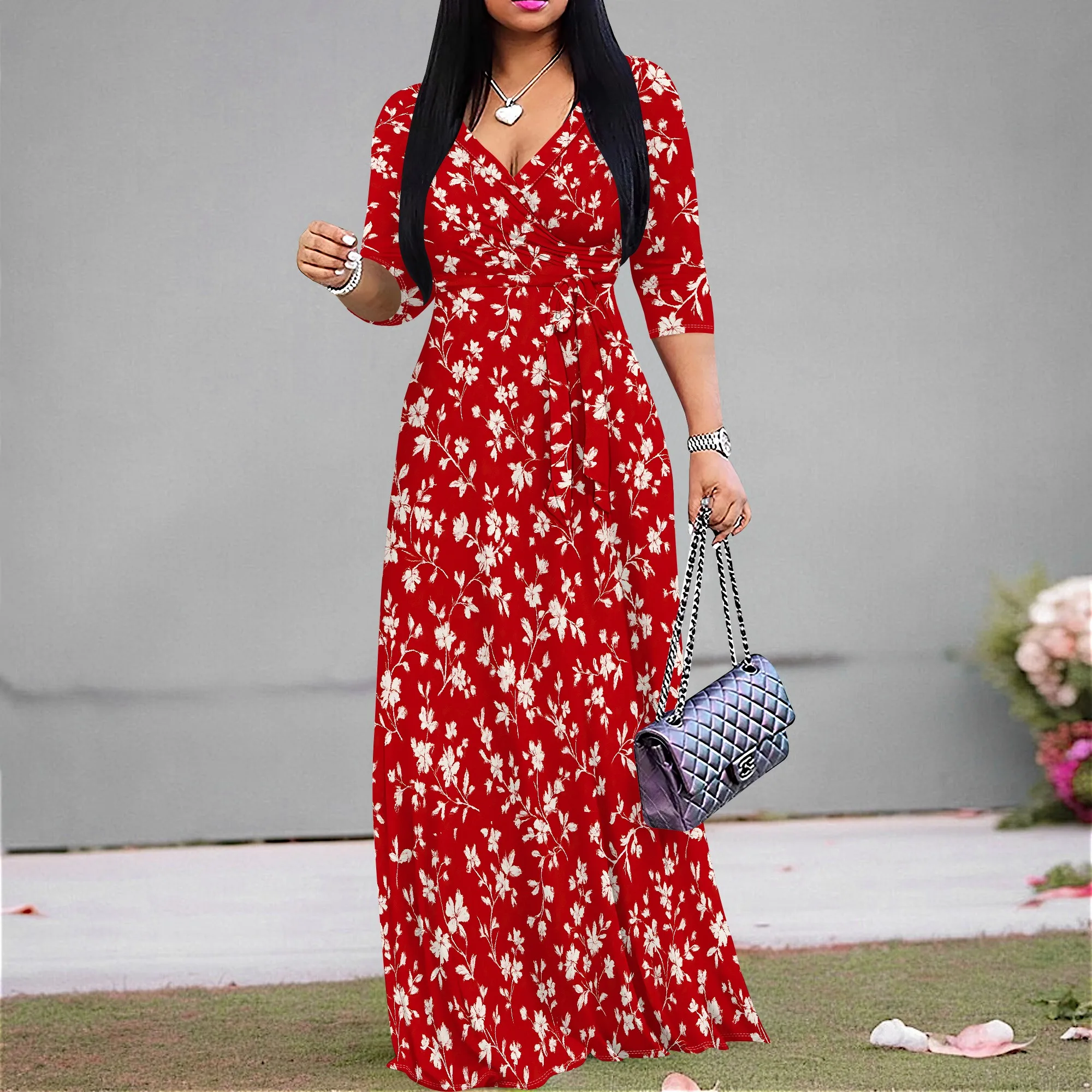 Womens Sundress Summer Floral Short Sleeve Wrap V Neck A-Line Midi Dress