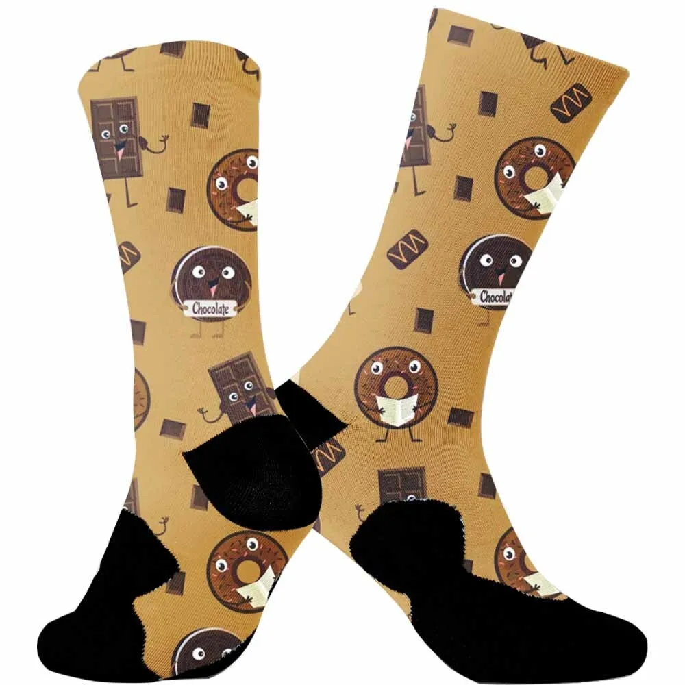 Cute chocolate biscuit pattern sports cycling socks, tightly fitting, unisex, moisture wicking, breathable and durable