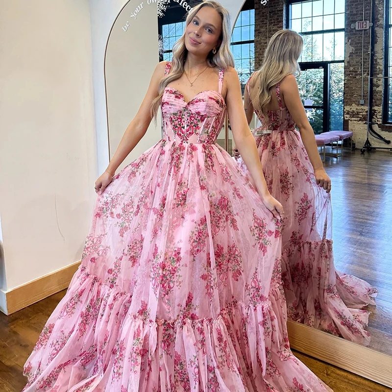 

Spaghetti Strap Floral Pink Dress for Party Chiffon A-line Wedding Guest Dress Tiered Tulle Skirt Evening Dress Sweetheart Neck