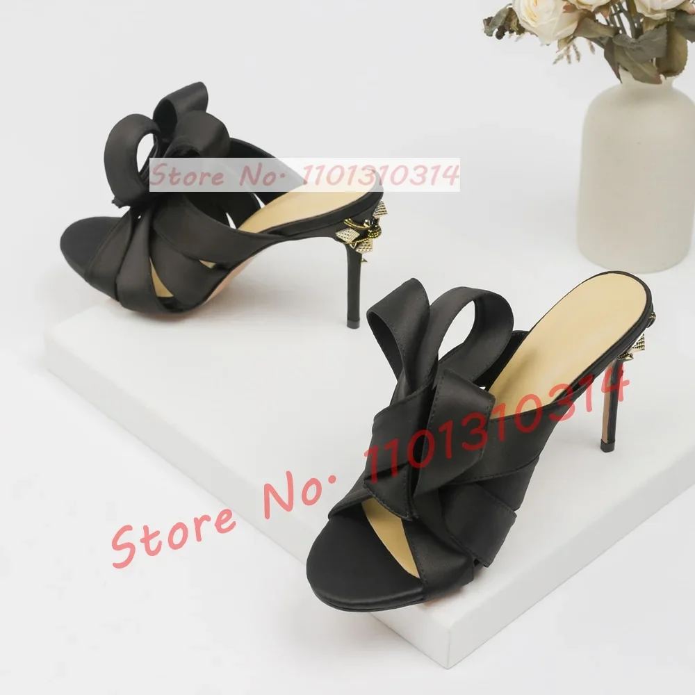 Red Ribbon Knotted Mules High Heels Women Chic Open Toe Gold Rivet Embellished Satin Slippers Female Outdoor Foldover Shoes
