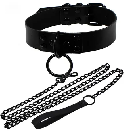 Decopunk Womens Punk Gothic Leash Collar Black Accessories Sexy PU Leather Collar Traction Rope BDSM Bondage Necklace