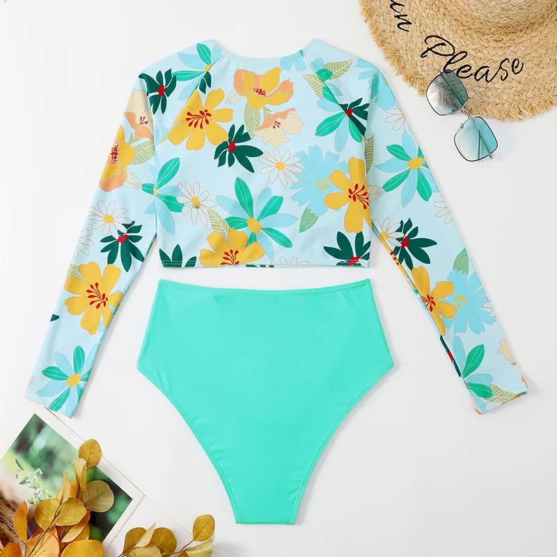 2024 New Sexy Print Long Sleeve Swimwear Women Swimsuit Female Two Pieces Bikini Surfing Bathing Suit Beachwear Swimming Suit