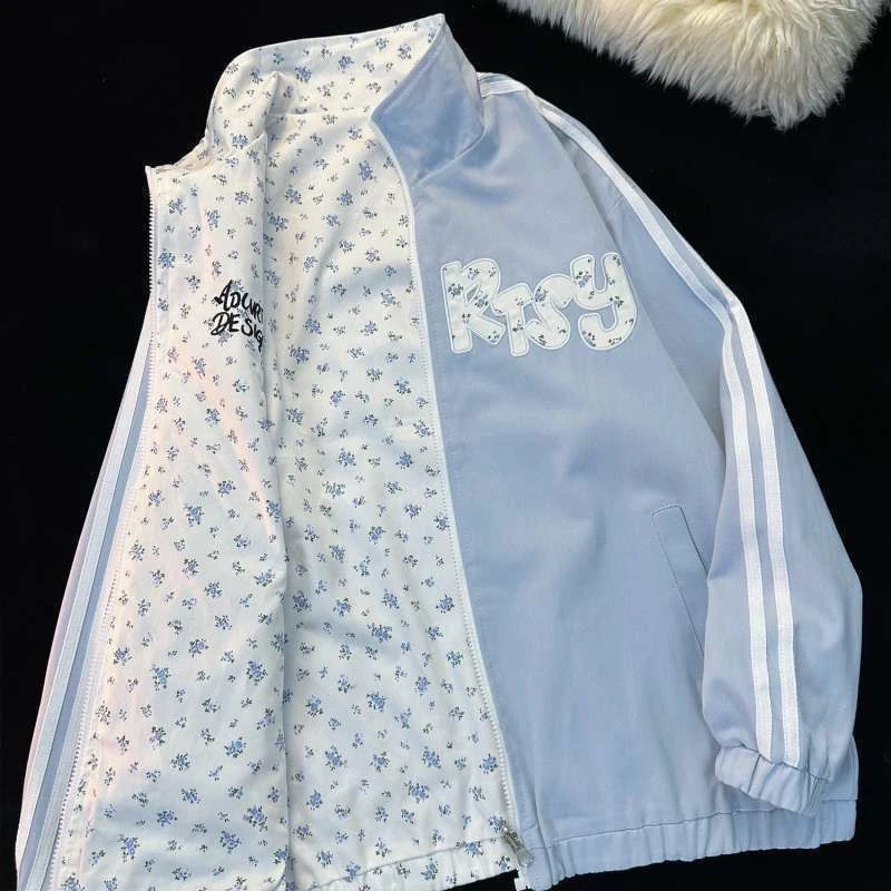 Retro Floral Women Reversible Jacket Side Stripe Stand Collar Zip Up Coat Letter Patch Loose Y2K Streetwear Cute Outerwear Top