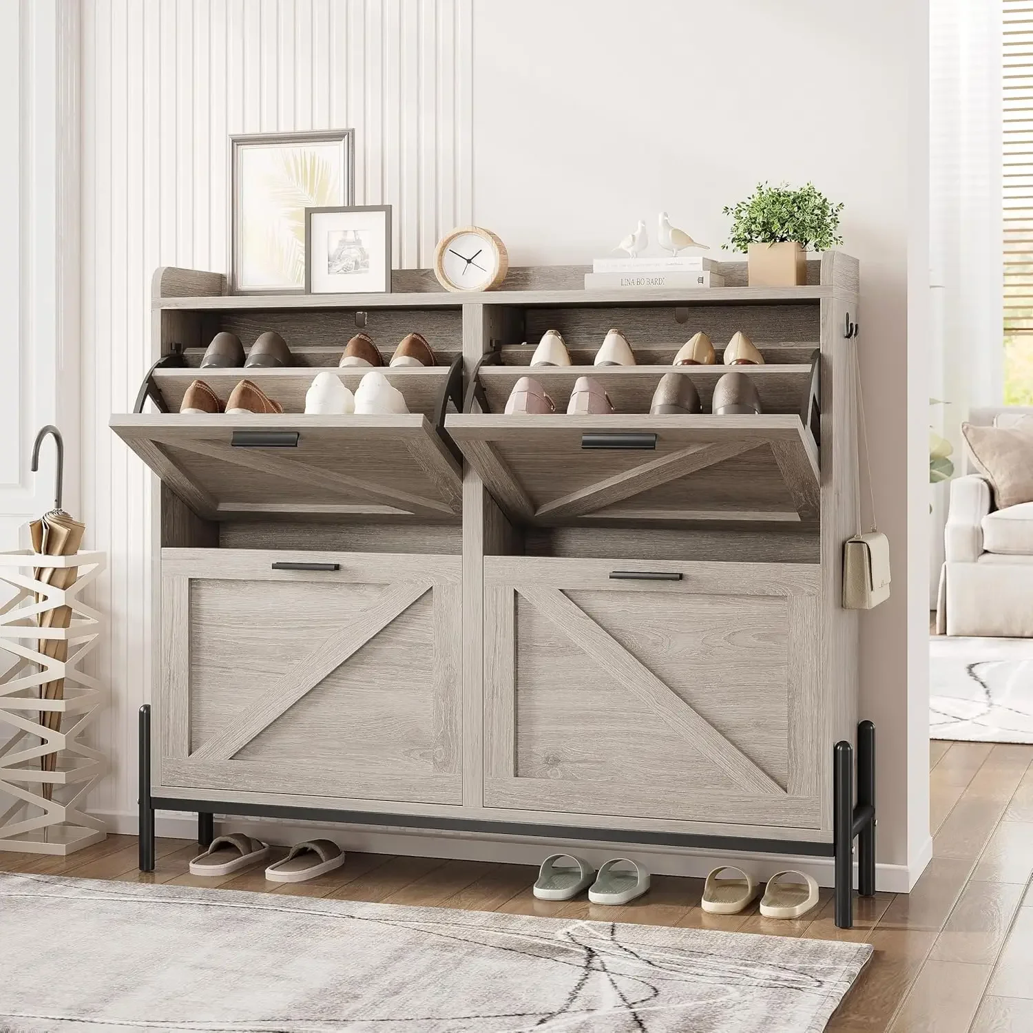 Farmhouse Shoe Storage Cabinet with 4 Flip Drawers, Freestanding Shoe Organizer with Adjustable Shelf for Entryway