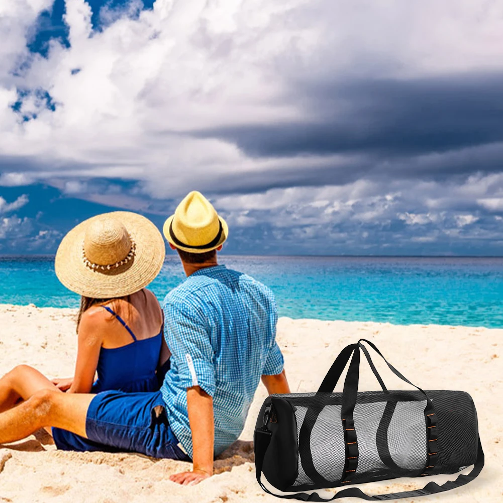 메쉬 다이브 비치 백 접이식 핀 보관 지퍼가 달린 토트 여행용 비치 기어 다이빙 더플 수하물은 수상 스포츠에 적합