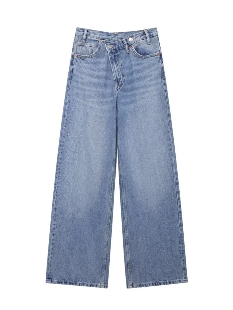 

Женские базовые джинсы Hundred, новая осенняя мода, асимметричный дизайн, широкие брюки с высокой талией, повседневные женские прямые джинсы