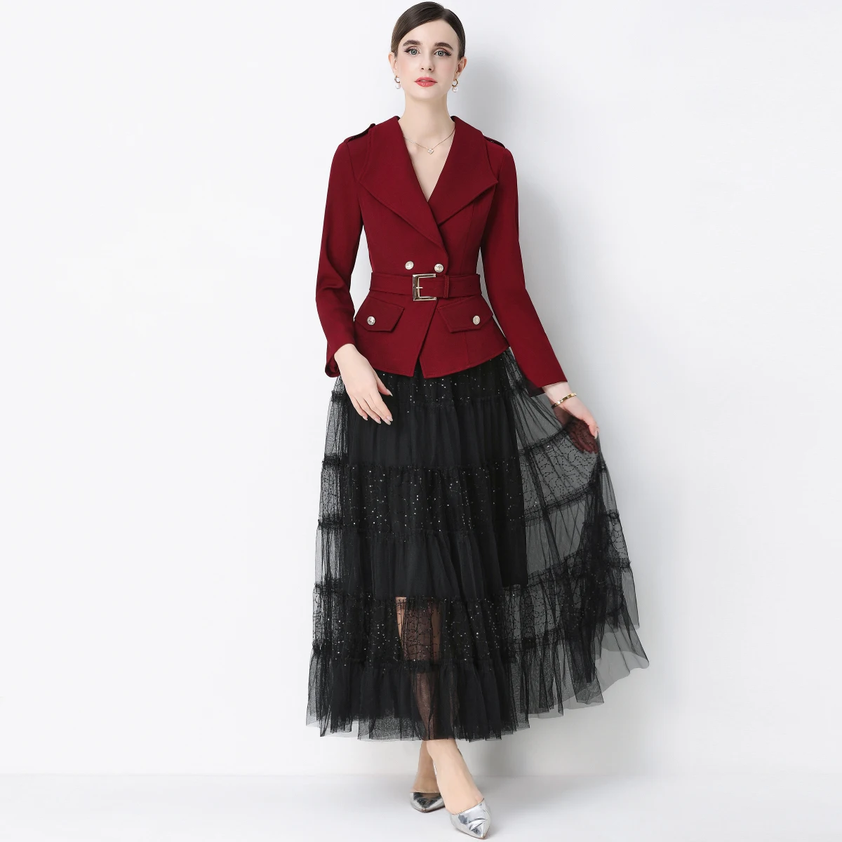 

Slim 2 Piece Blazer and Skirt 2026 New Fashion Office Lady Notched Long Sleeve Belt Brazers Elegant Mesh Maxi Skirt Suit