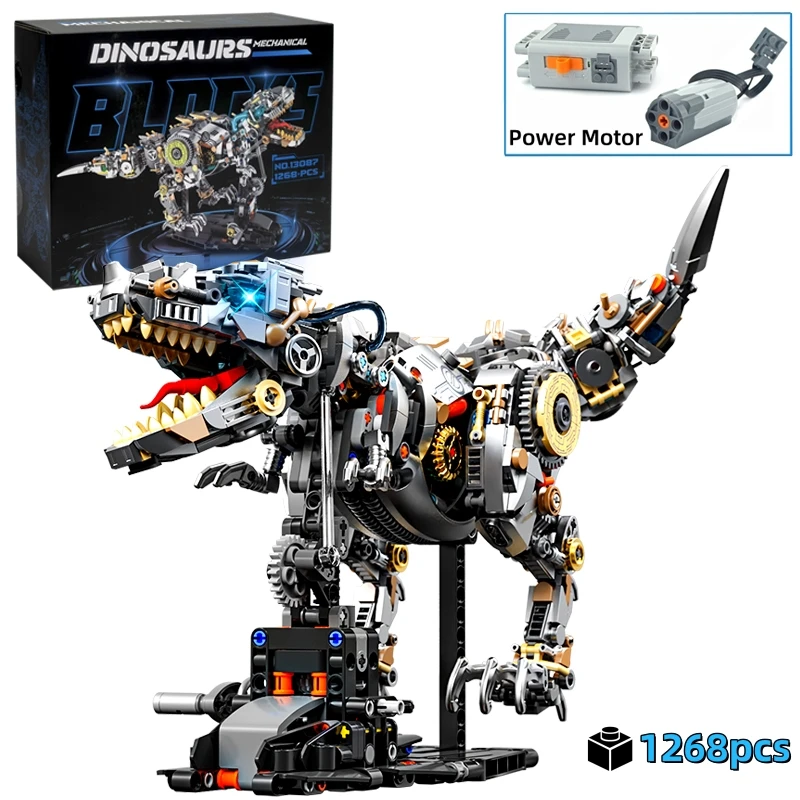 FUNXINEE 1268 db-os dinamikus dinoszaurusz építőkészlet, könnyű, mozgó farokkal, motoros MOC modell, 3D kreatív asztali dekoráció, ünnepi ajándék
