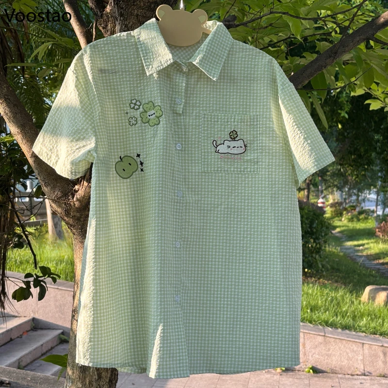 

Japanese Kawaii Lolita Style Shirts Women Sweet Cartoon Embroidery Green Plaid Blouses Summer Female Cute Y2k Loose Shirt Tops