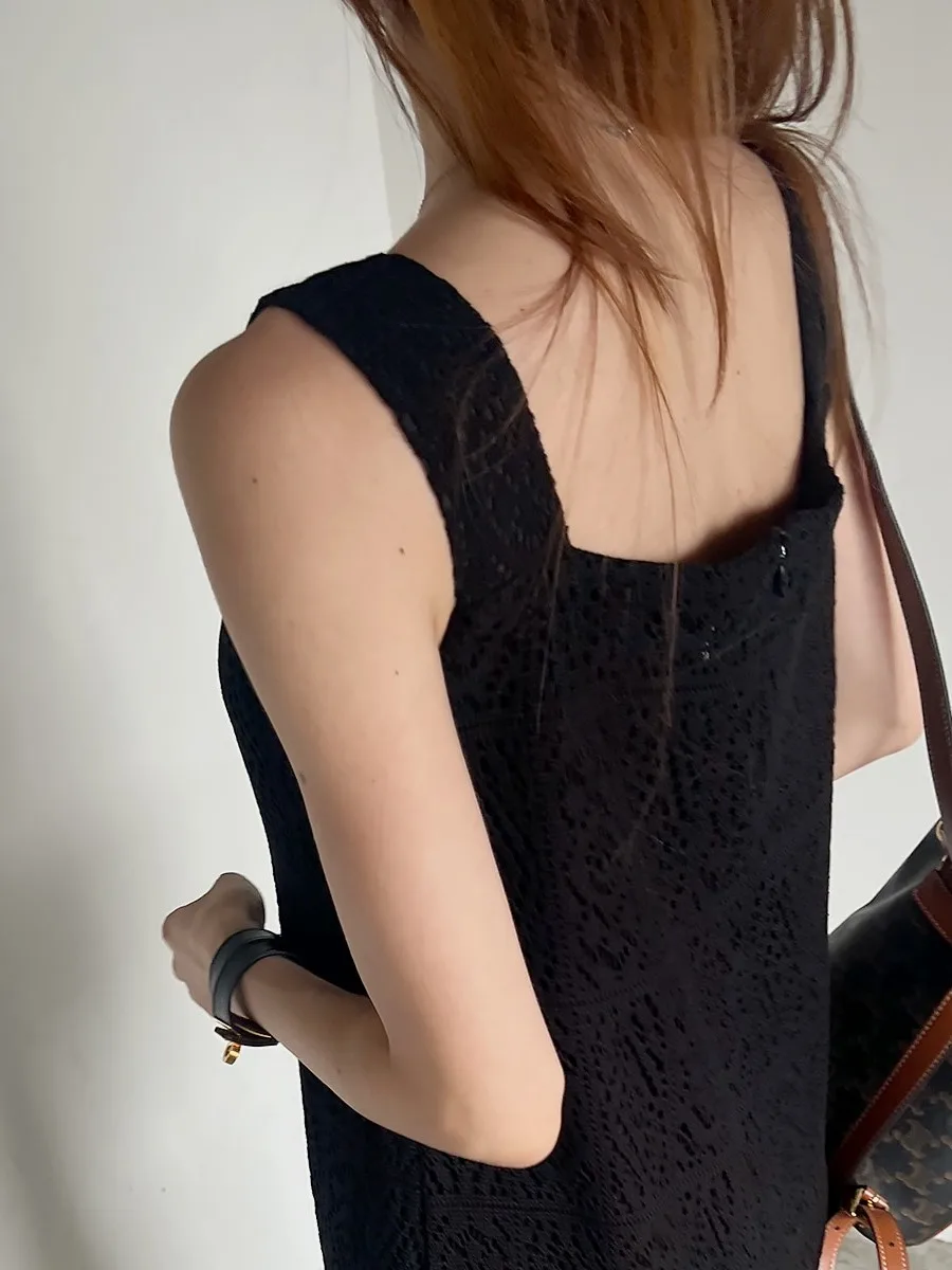 

Ele Hollow out Lace Vest Dr Women's Summer New Sle Vintage Hook Flower Lace Long Dr Straight Cut Midi Dr